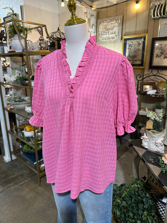 Umgee Textured Check Pink Top