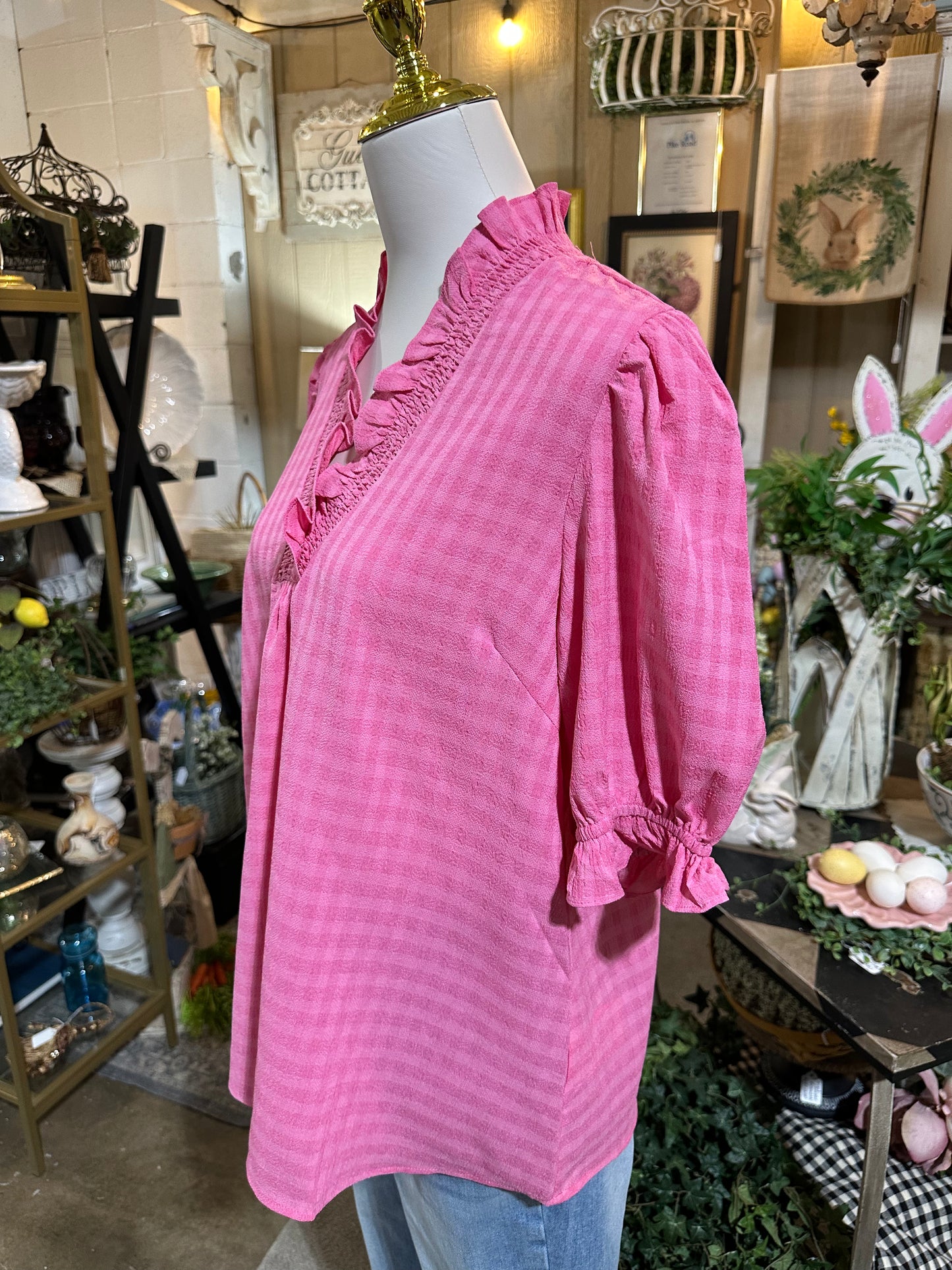 Umgee Textured Check Pink Top