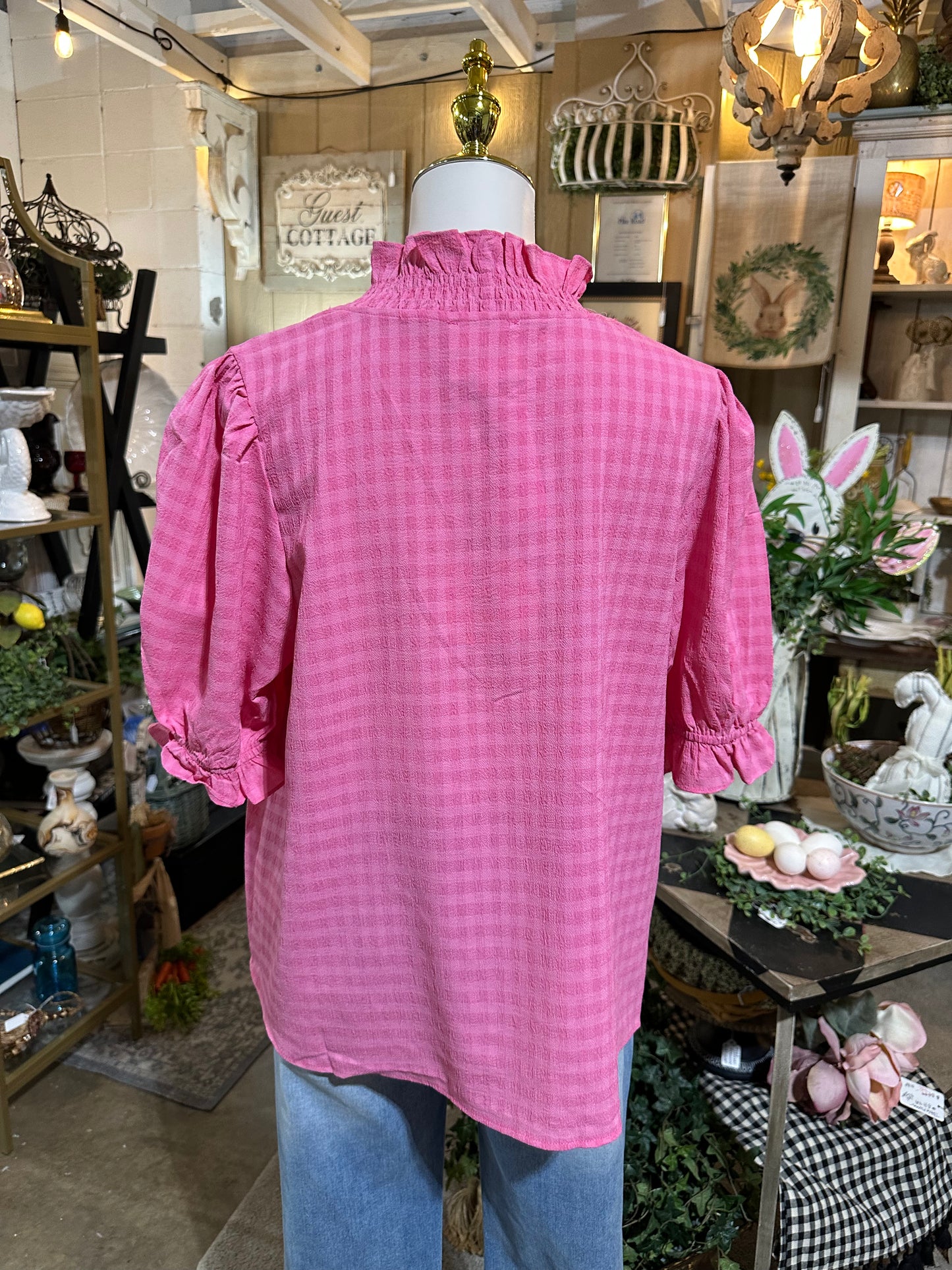 Umgee Textured Check Pink Top