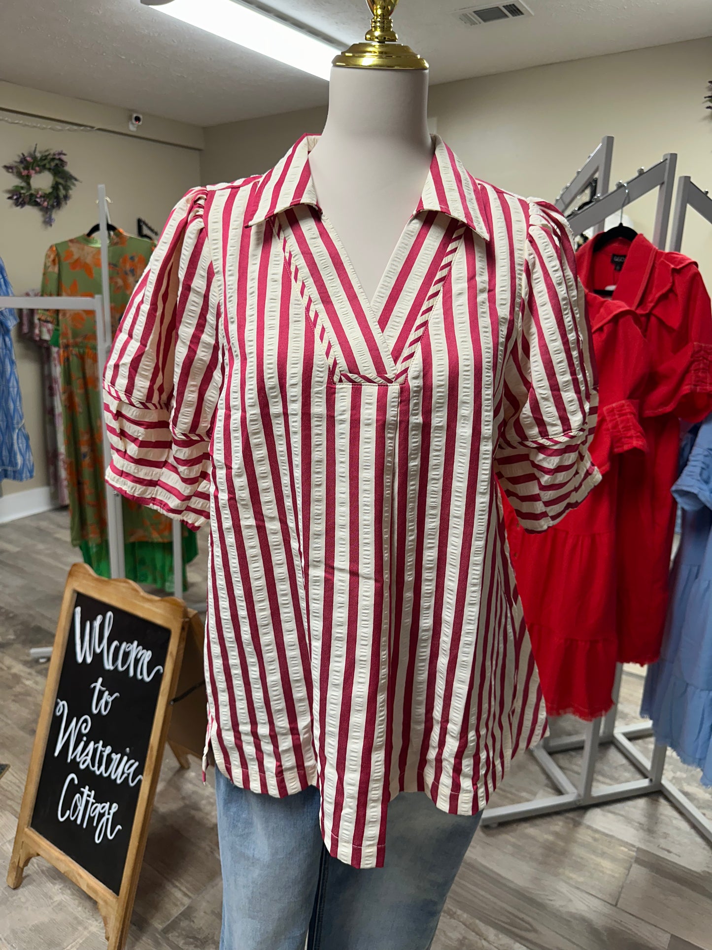 Umgee Striped Puff Sleeve Blouse in Raspberry