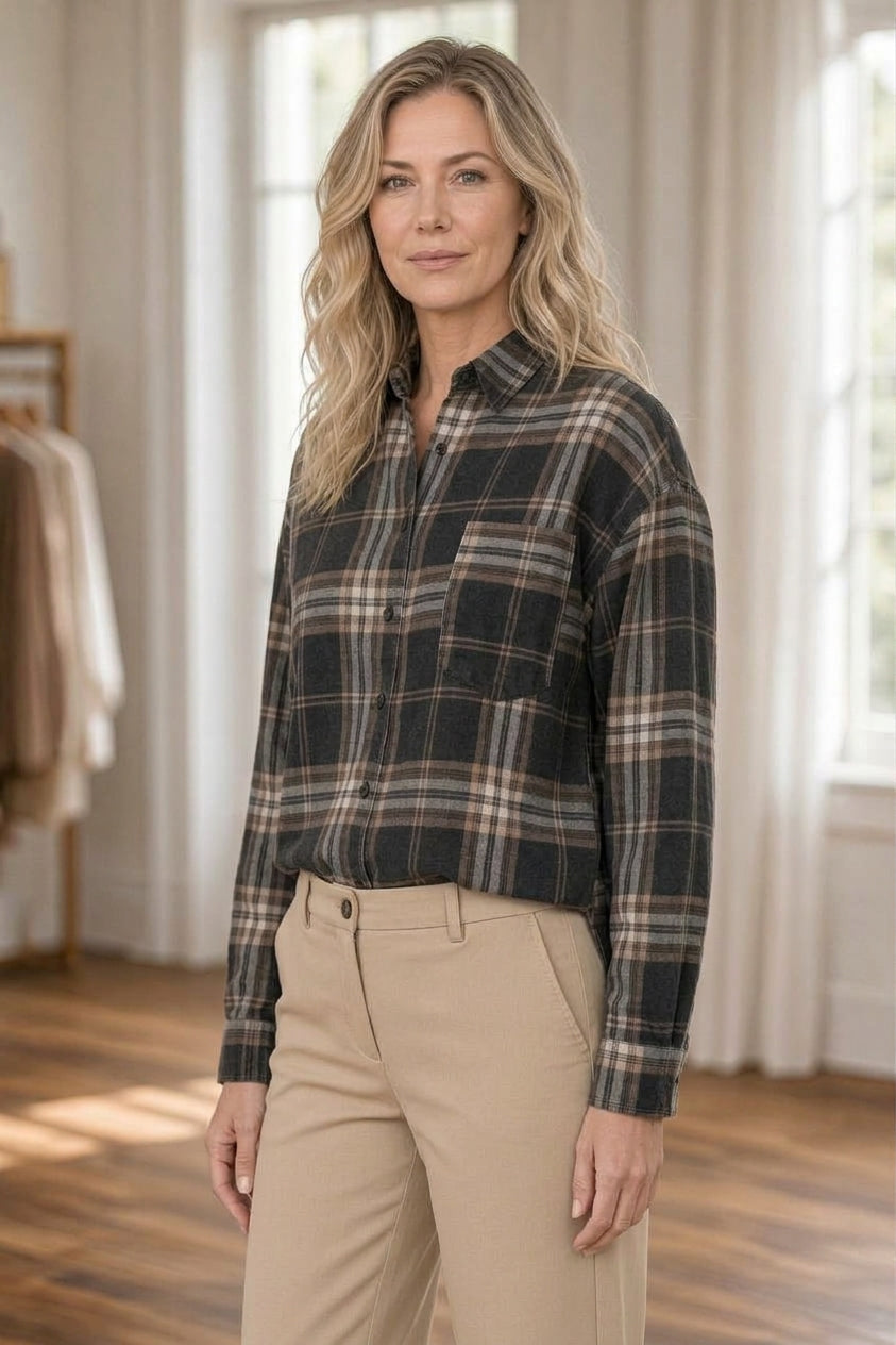 JOA Plaid Boxy Button-Down Shirt – Black