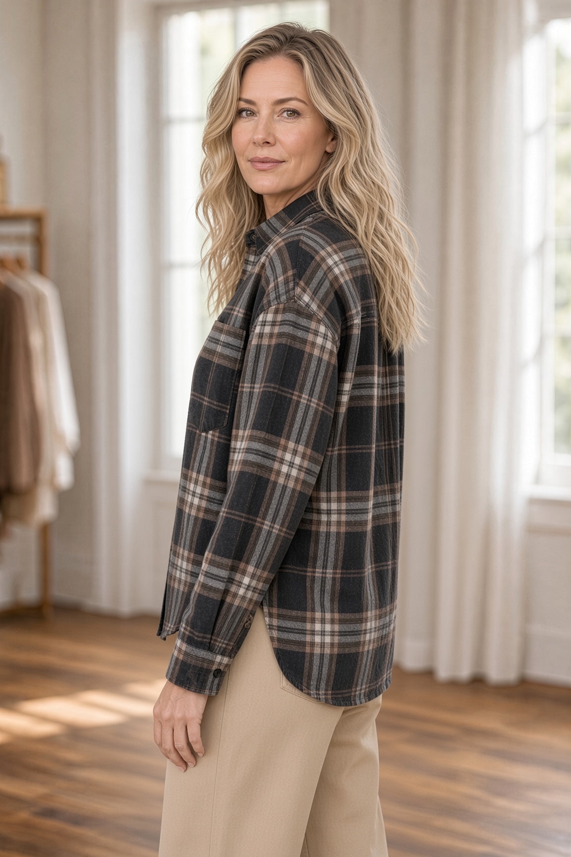 JOA Plaid Boxy Button-Down Shirt – Black