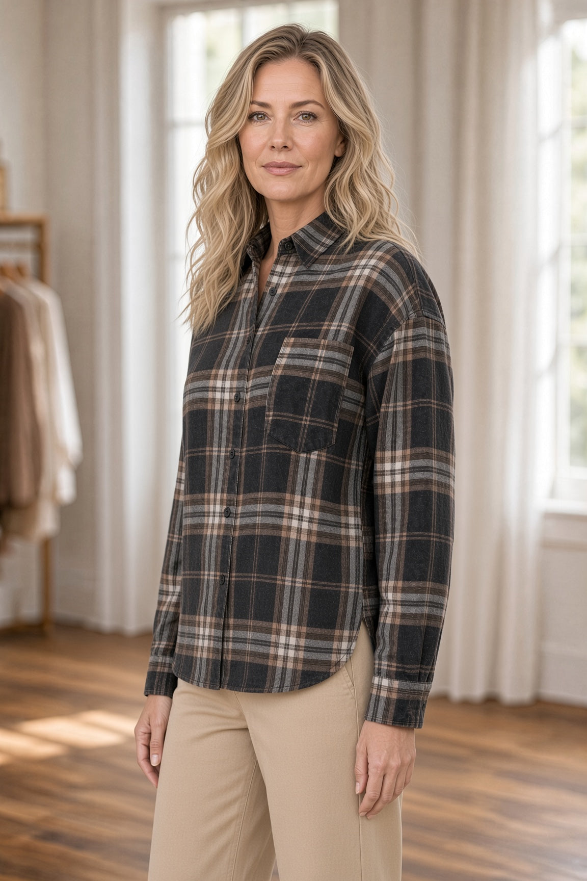 JOA Plaid Boxy Button-Down Shirt – Black