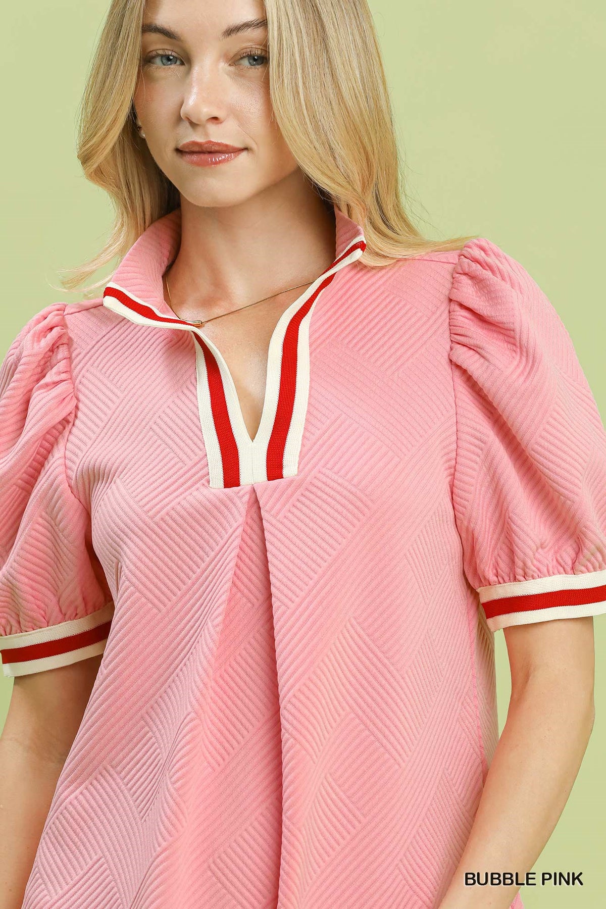 Umgee Jacquard Textured Puff-Sleeve Top – Bubble Pink