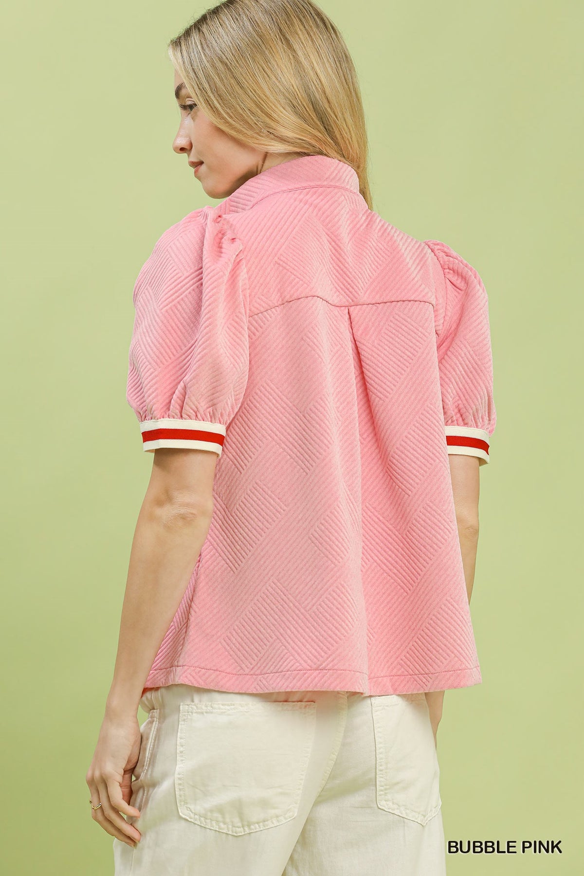 Umgee Jacquard Textured Puff-Sleeve Top – Bubble Pink