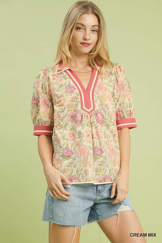 Umgee Mixed Floral Puff-Sleeve Blouse with Contrast Trim – Cream Mix