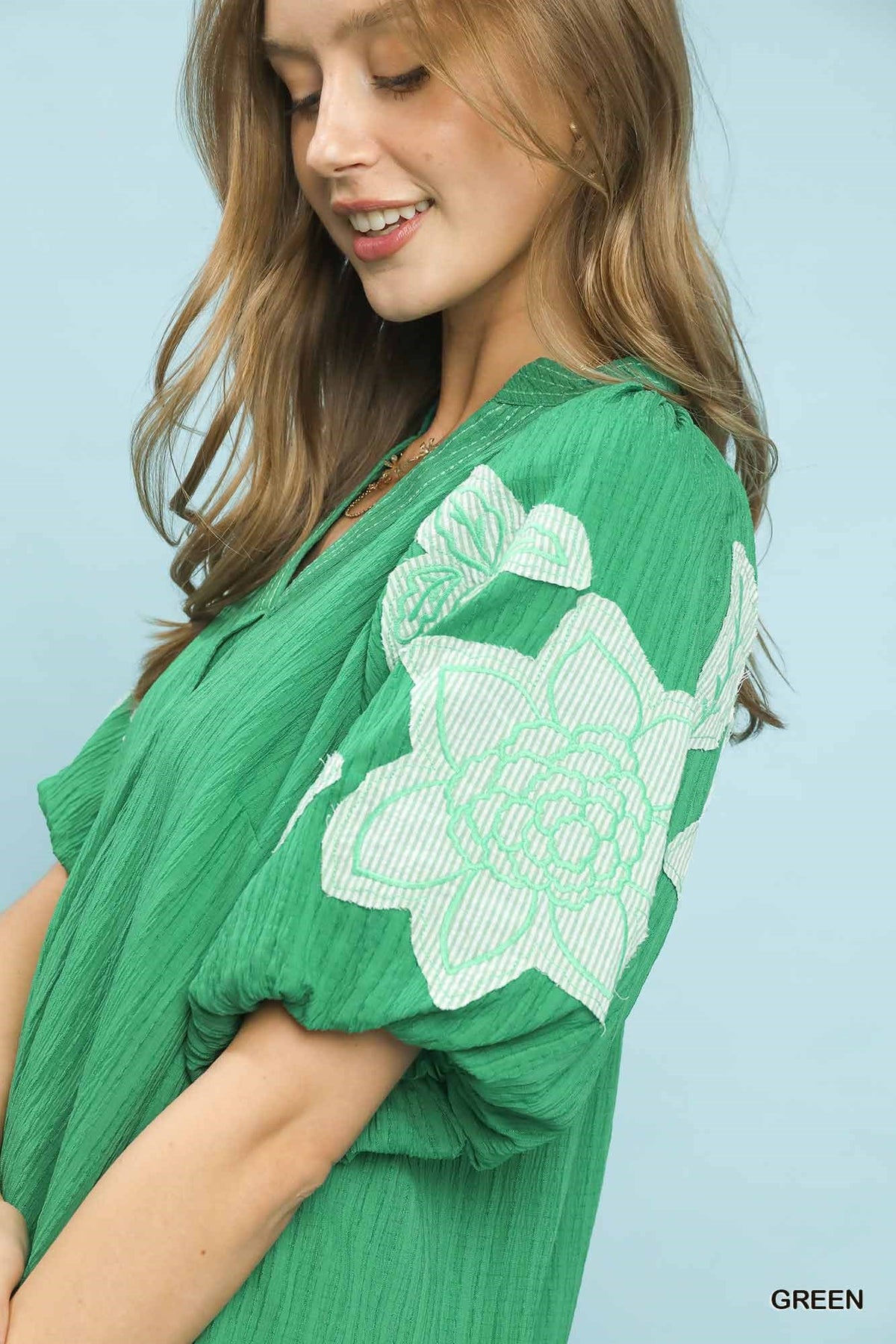 Umgee Embroidered Floral Balloon-Sleeve Notch-Neck Blouse – Green