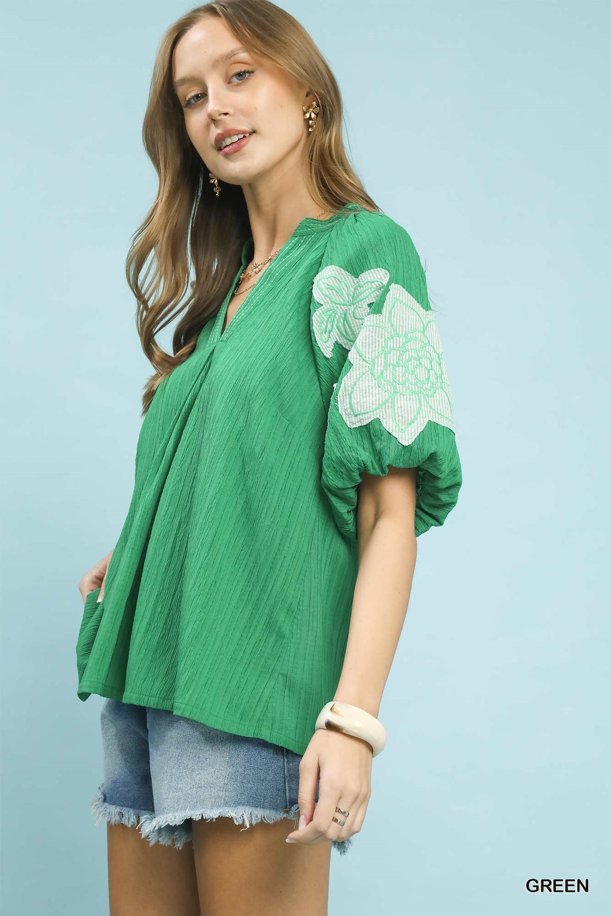 Umgee Embroidered Floral Balloon-Sleeve Notch-Neck Blouse – Green