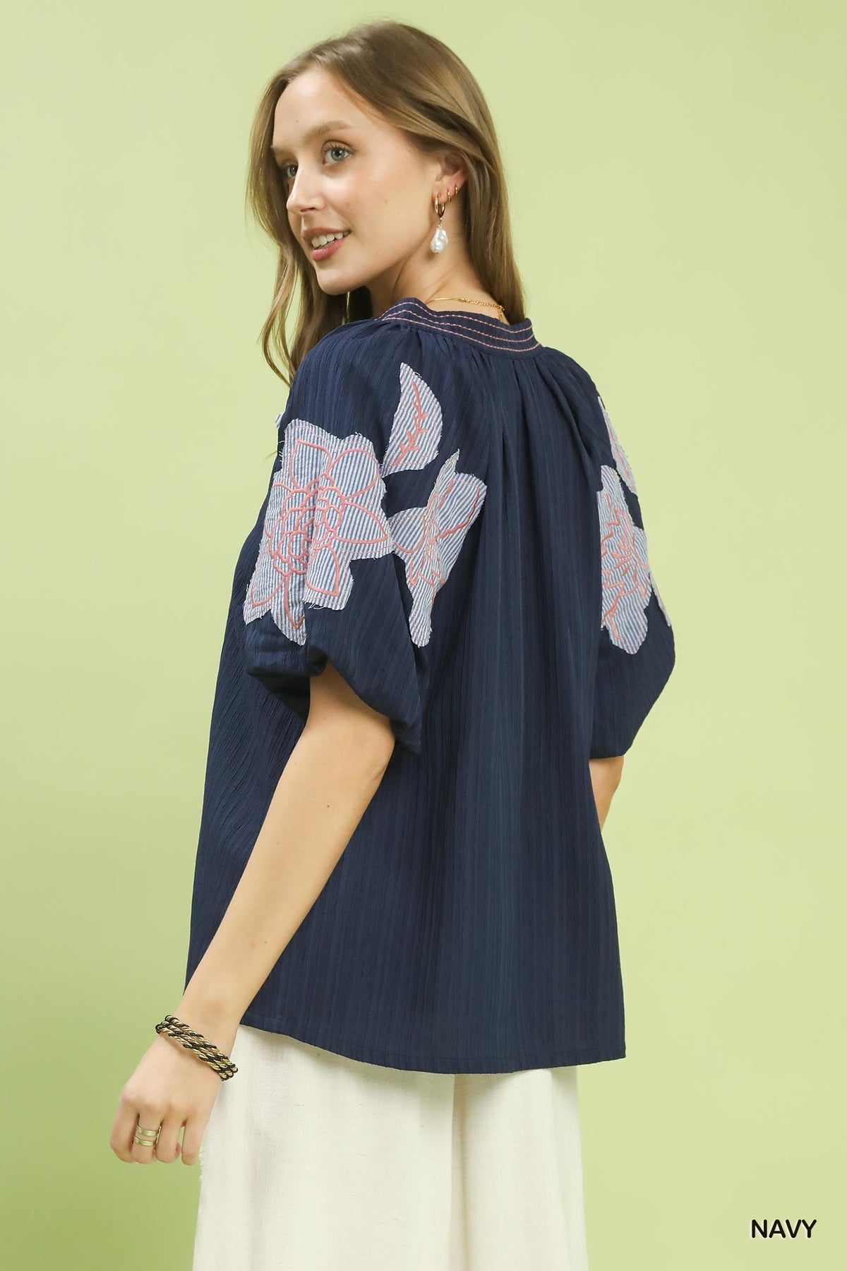 Umgee Embroidered Floral Balloon-Sleeve Notch-Neck Blouse – Navy