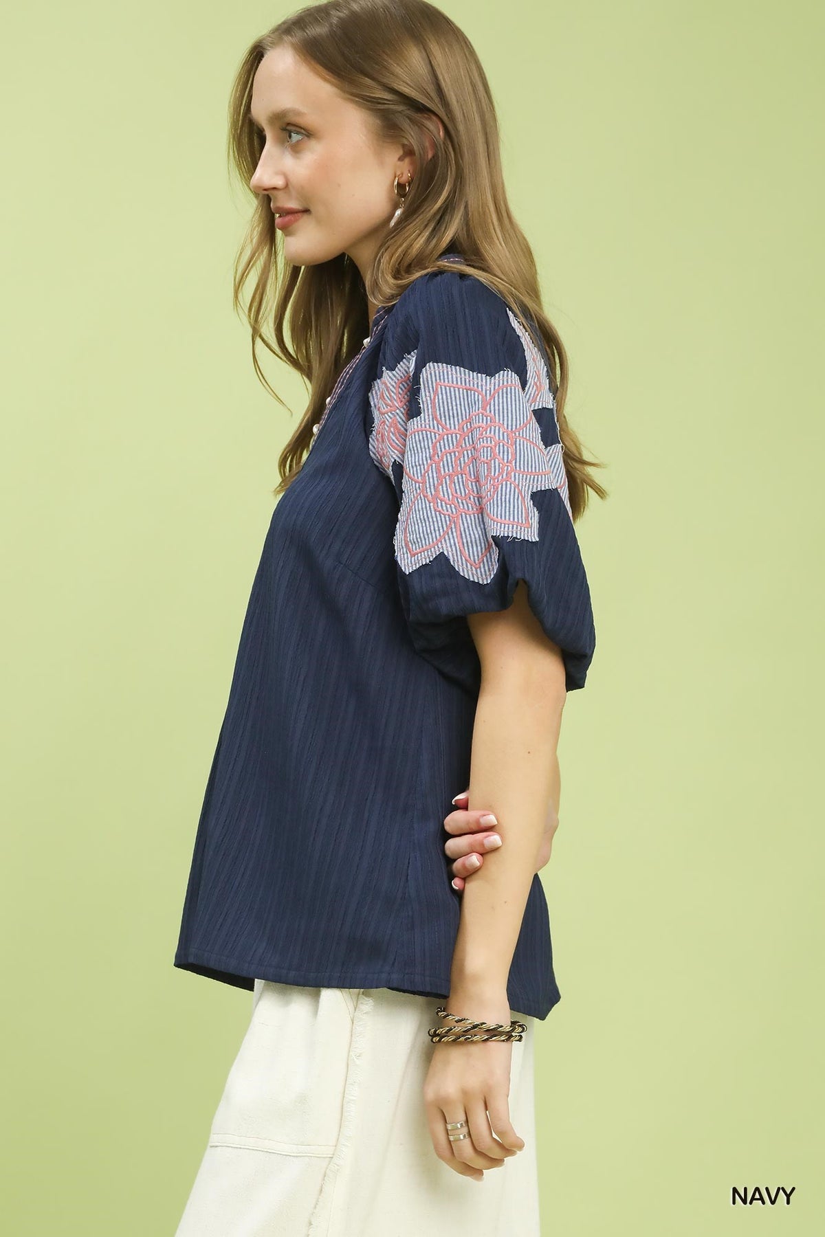 Umgee Embroidered Floral Balloon-Sleeve Notch-Neck Blouse – Navy