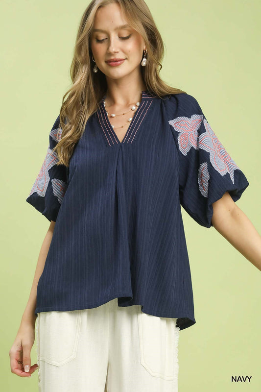 Umgee Embroidered Floral Balloon-Sleeve Notch-Neck Blouse – Navy