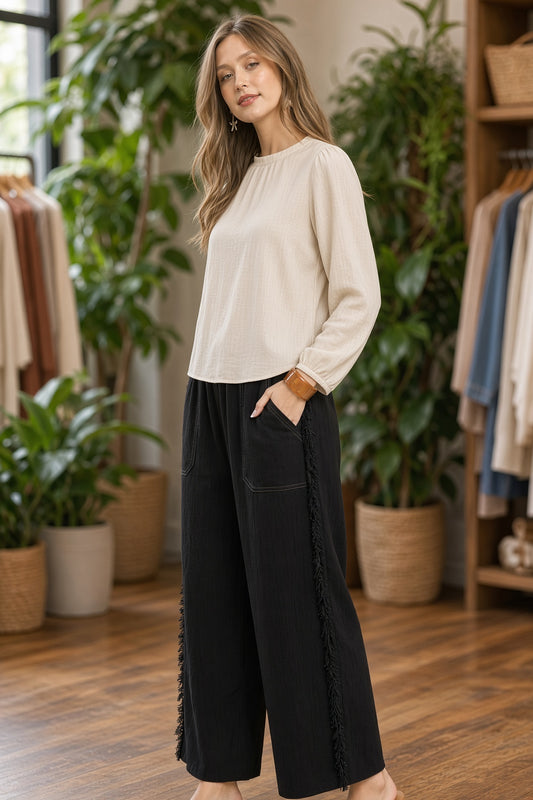 Umgee Linen-Blend Frayed-Trim Wide-Leg Pants – Black