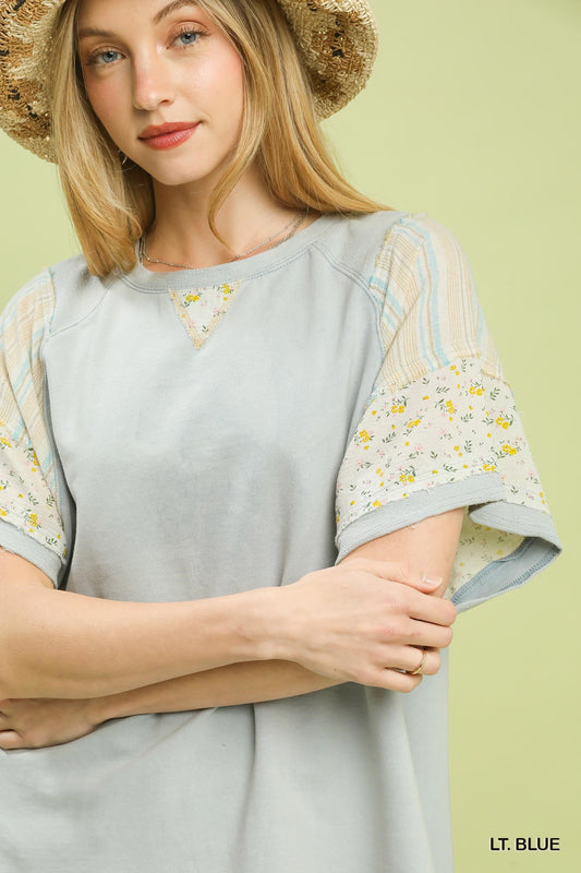 Umgee Mineral-Wash French Terry Mixed-Print Top – Light Blue