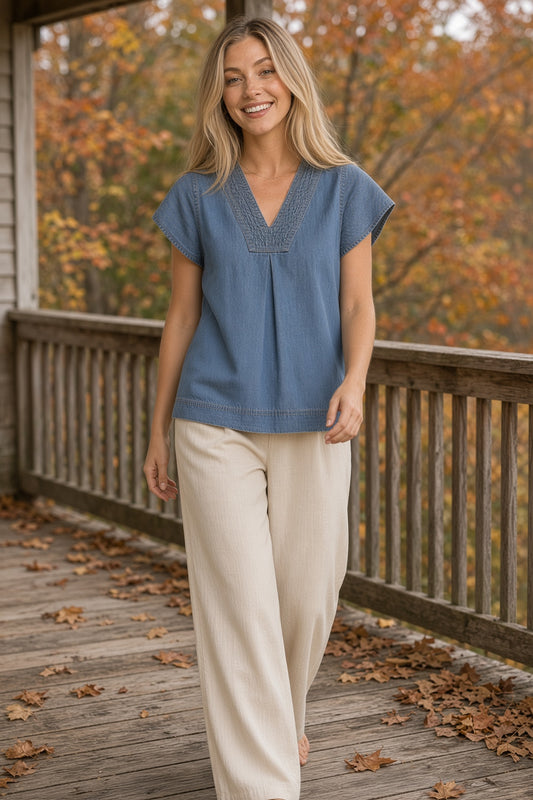 Umgee Cap-Sleeve Denim Split-Neck Top – Light Denim