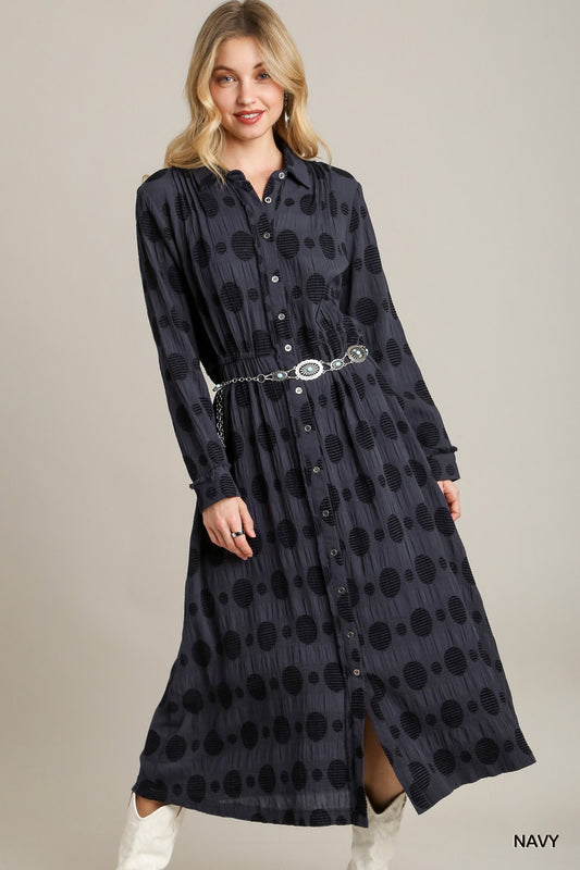 Umgee Dotted Jacquard Dress in Navy