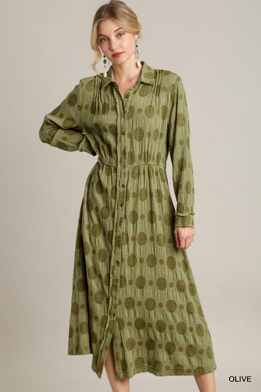 Umgee Dotted Jacquard Dress in Olive