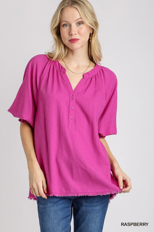 Umgee Linen Raglan Sleeve Top in Raspberry