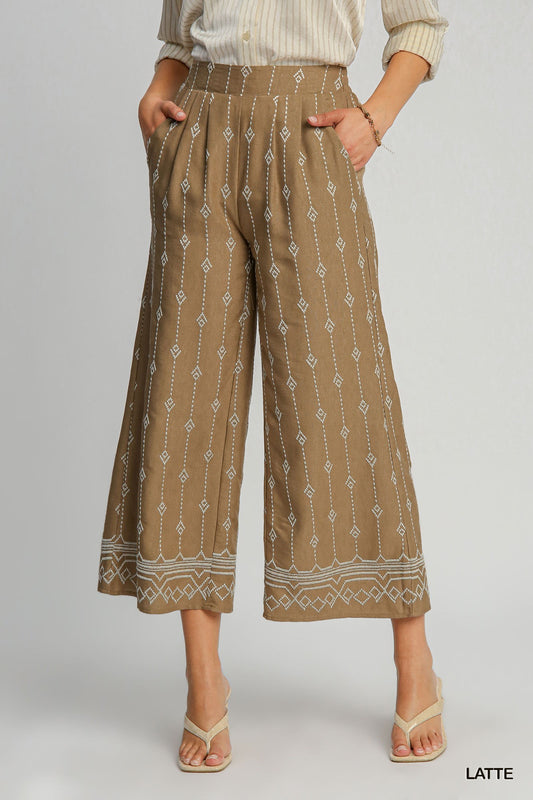 Umgee Embroidered Pants in Latte