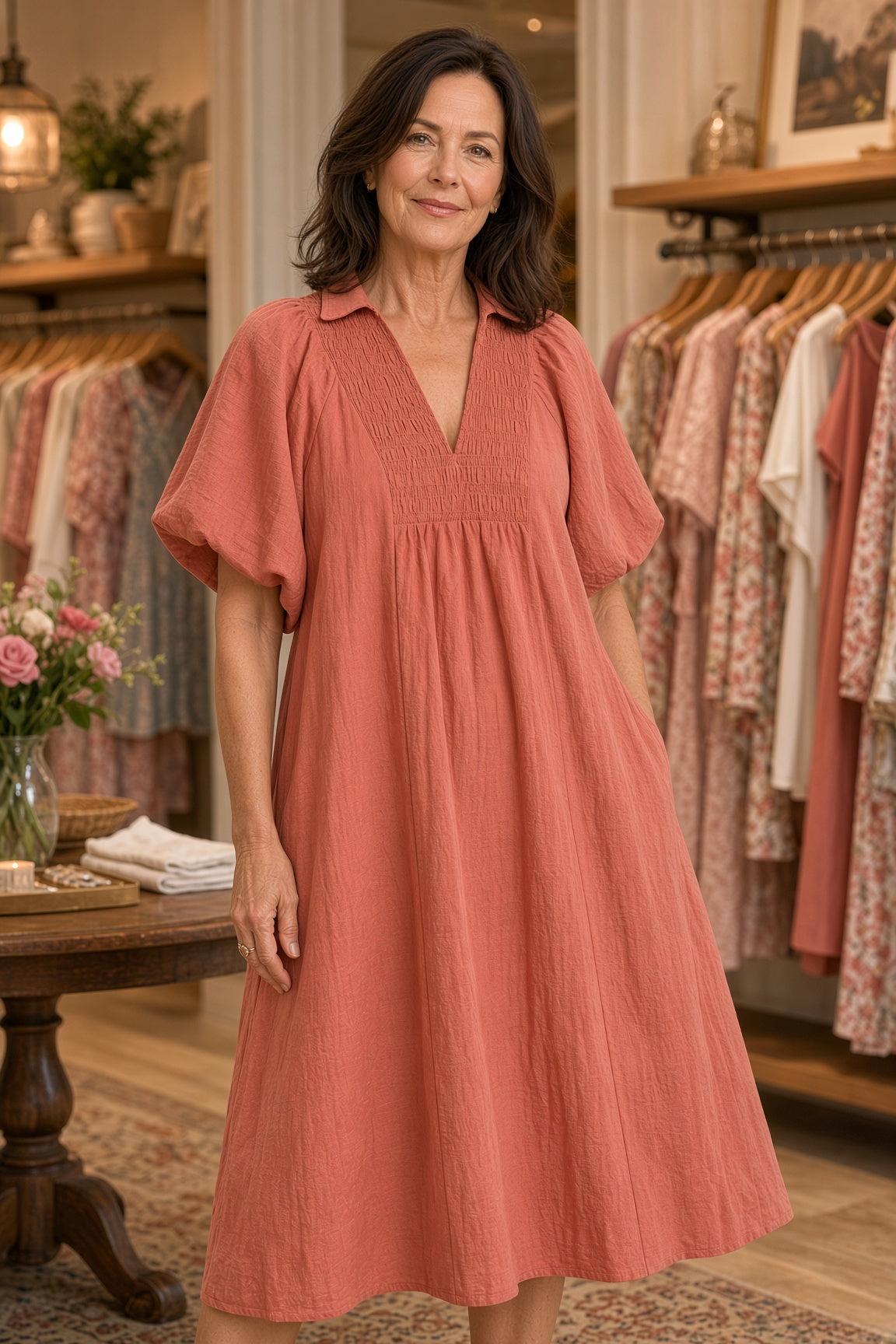 Umgee Smocked-Collar Cotton Midi Dress – Rose Clay