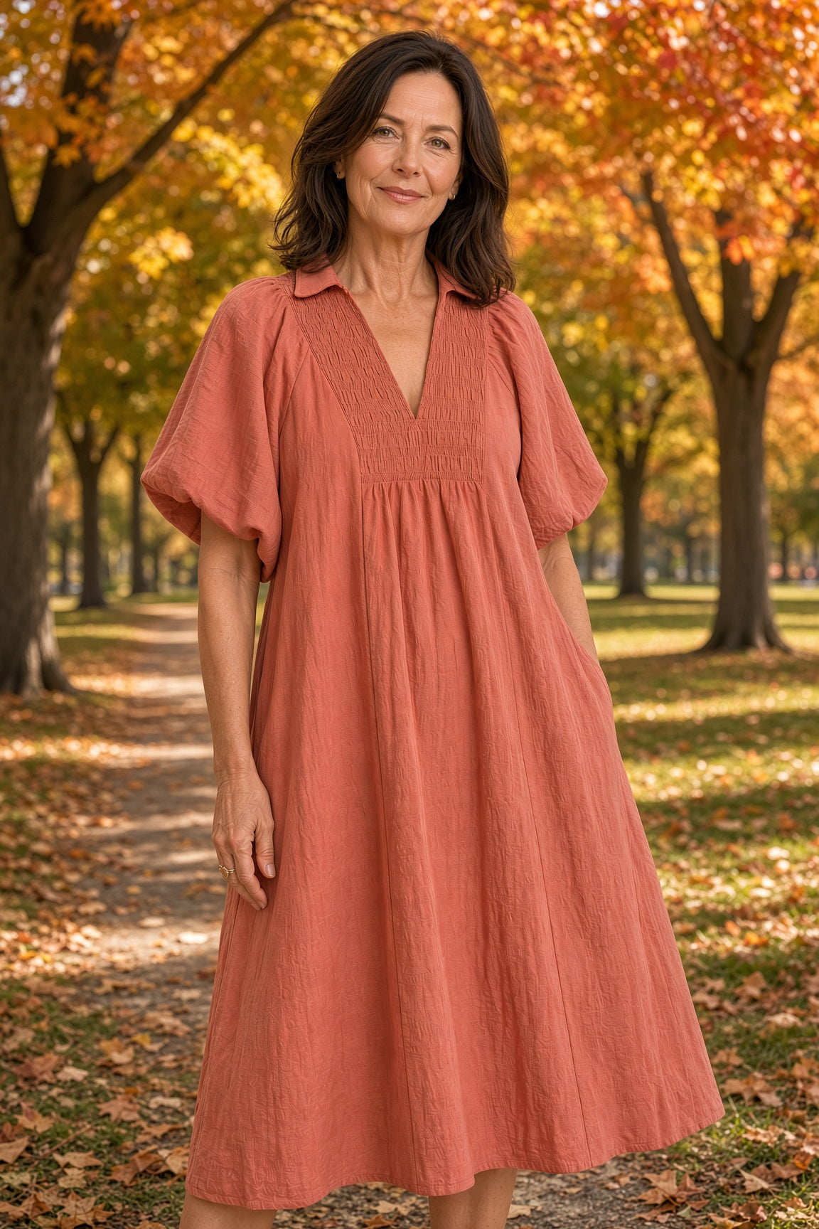 Umgee Smocked-Collar Cotton Midi Dress – Rose Clay