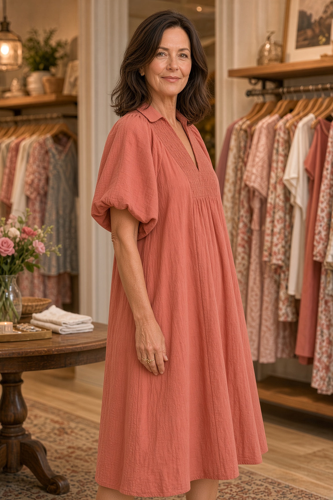 Umgee Smocked-Collar Cotton Midi Dress – Rose Clay