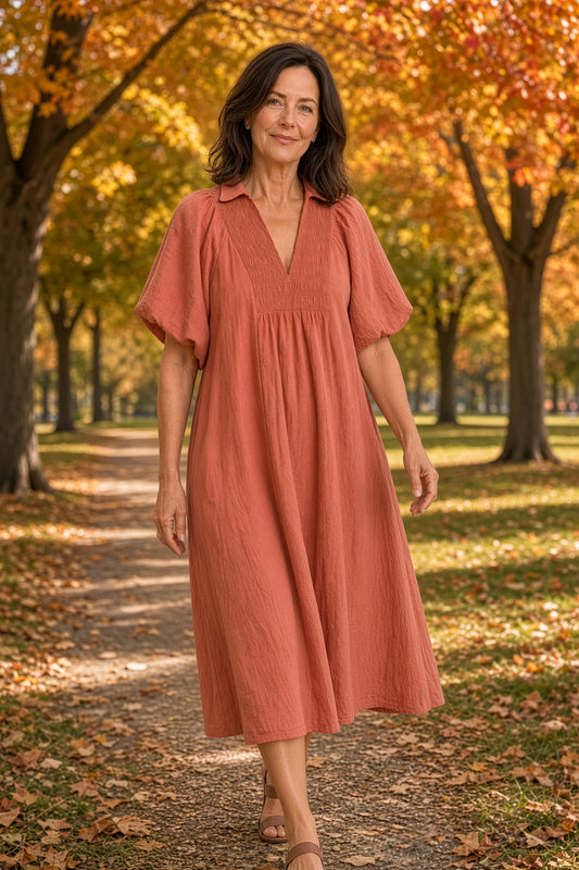Umgee Smocked-Collar Cotton Midi Dress – Rose Clay