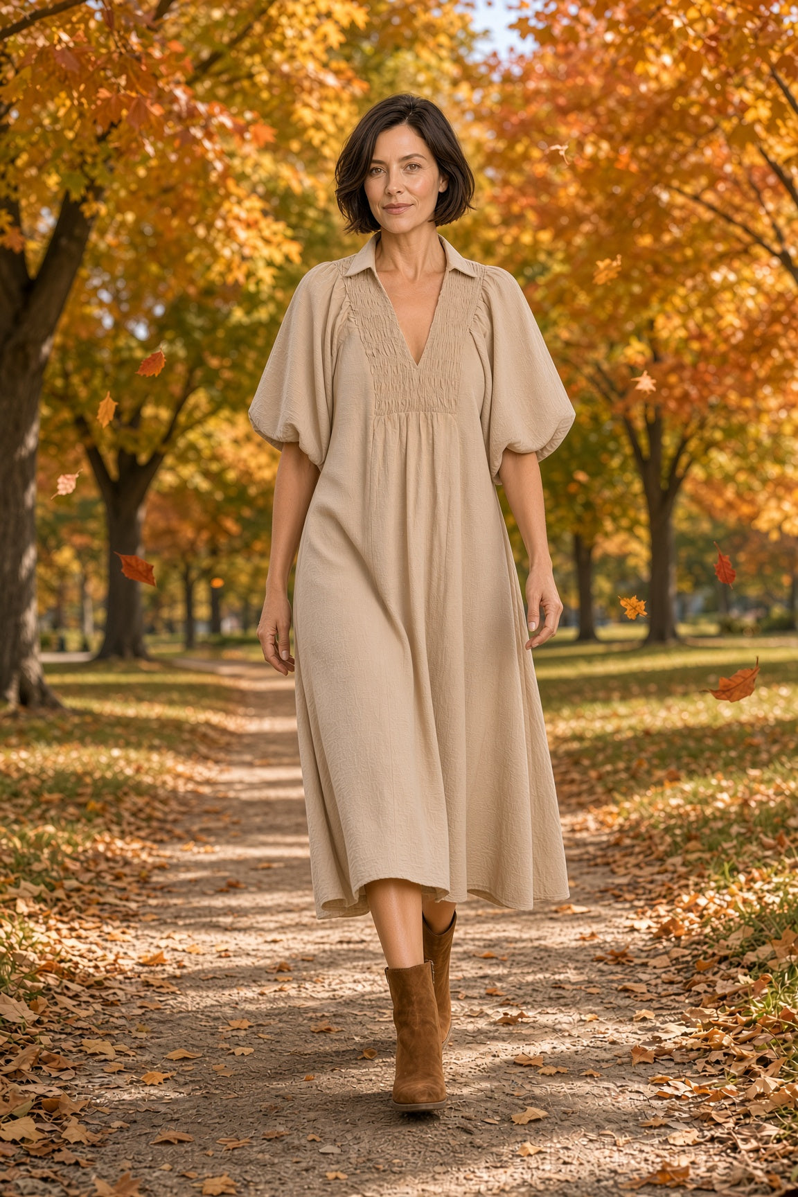 Umgee Smocked-Collar Cotton Midi Dress – Tan