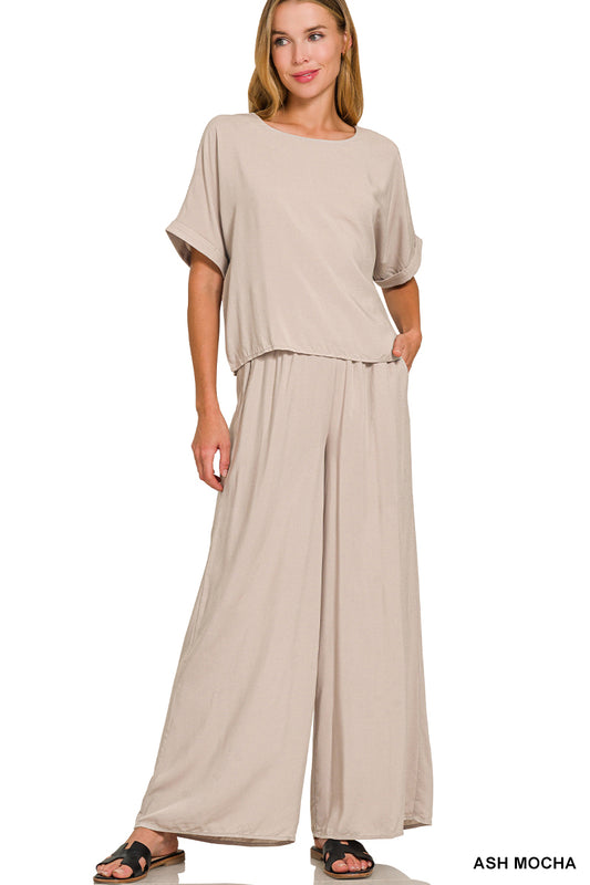 Zenana Woven Short Sleeve & Long Pants Set — Ash Mocha