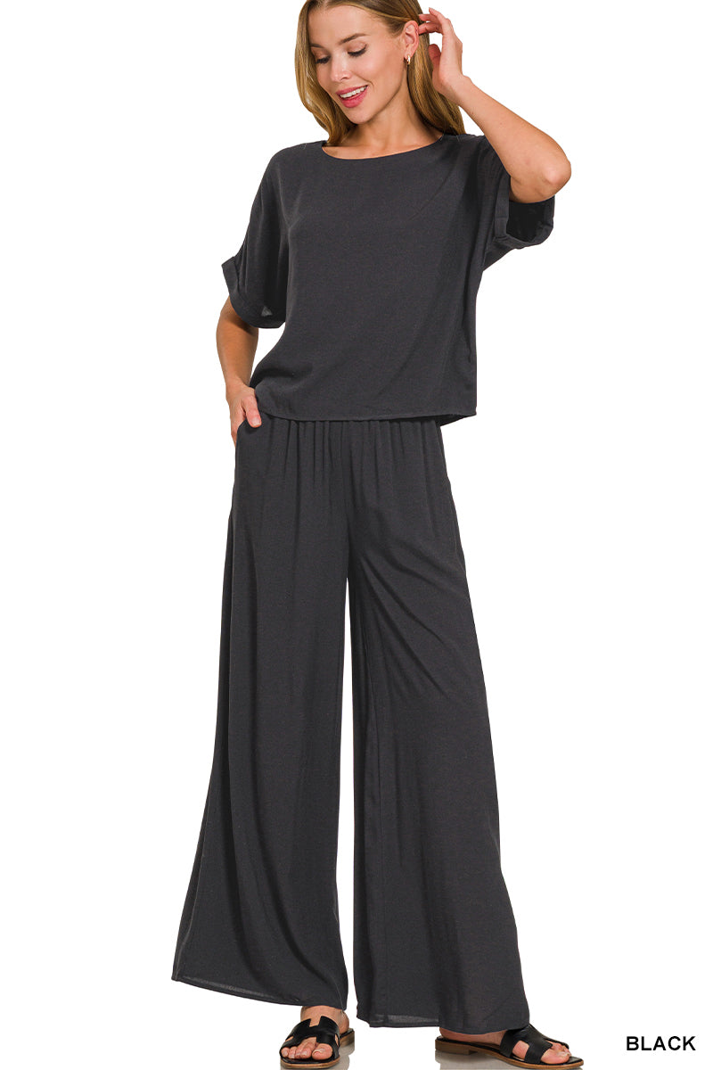 Zenana Woven Short Sleeve & Long Pants Set — Black