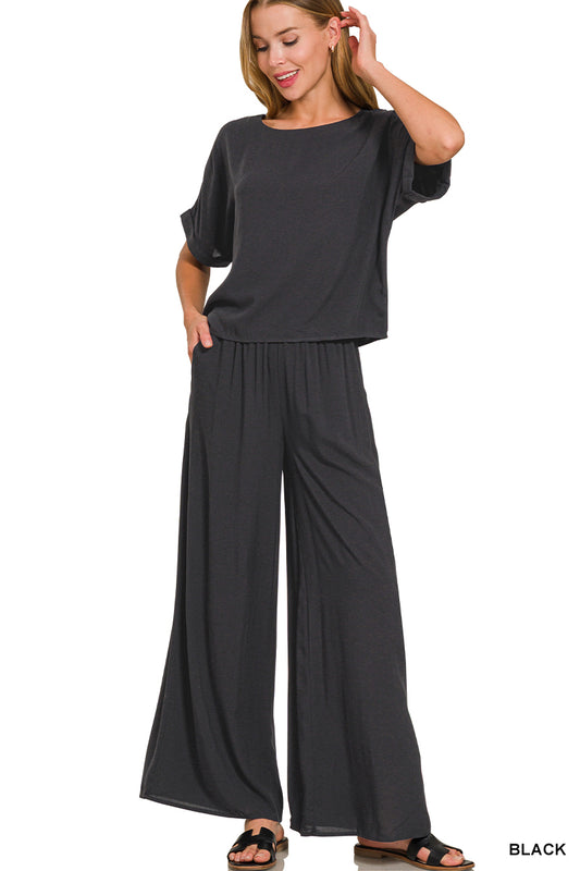 Zenana Woven Short Sleeve & Long Pants Set — Black