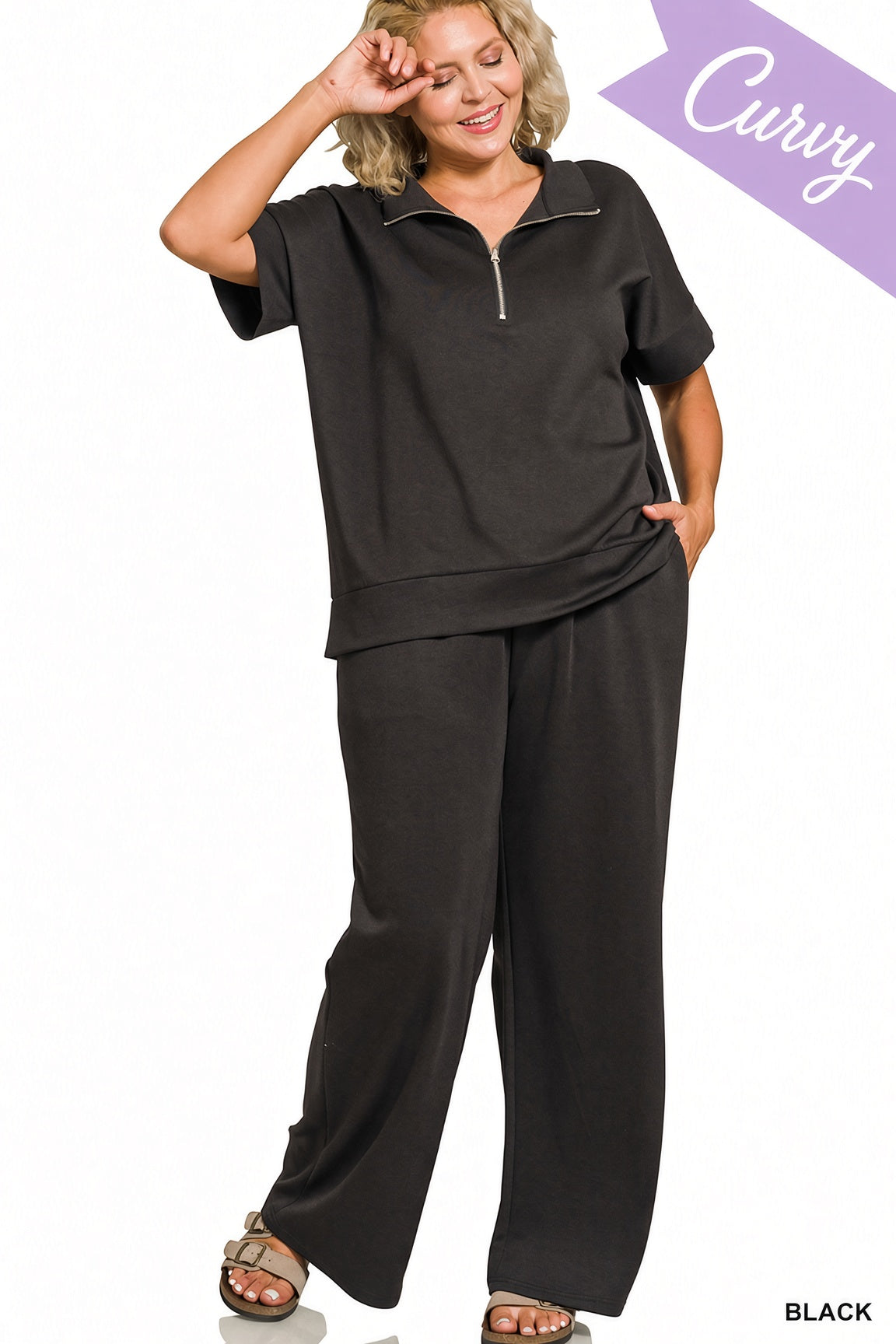 Zenana Plus Scuba High Neck Half Zip Top & Pants Set - Black