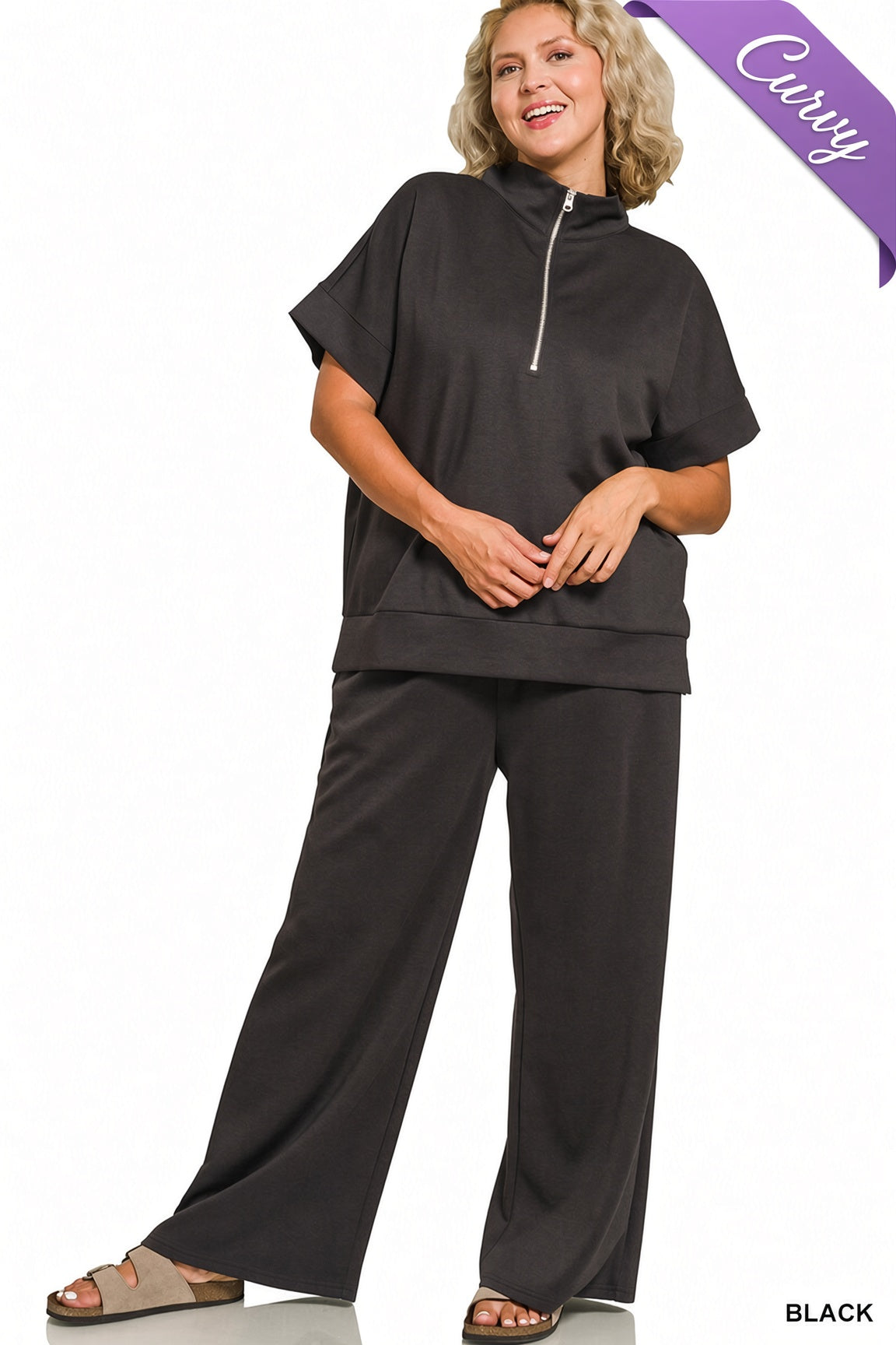 Zenana Plus Scuba High Neck Half Zip Top & Pants Set - Black