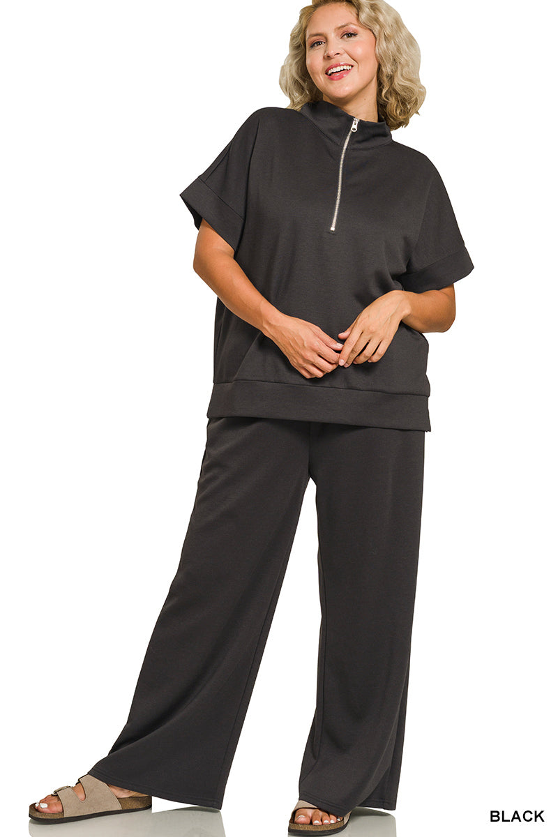 Zenana Plus Scuba High Neck Half Zip Top & Pants Set - Black