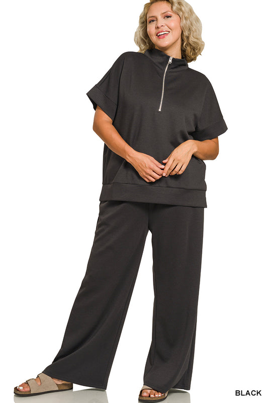 Zenana Plus Scuba High Neck Half Zip Top & Pants Set - Black