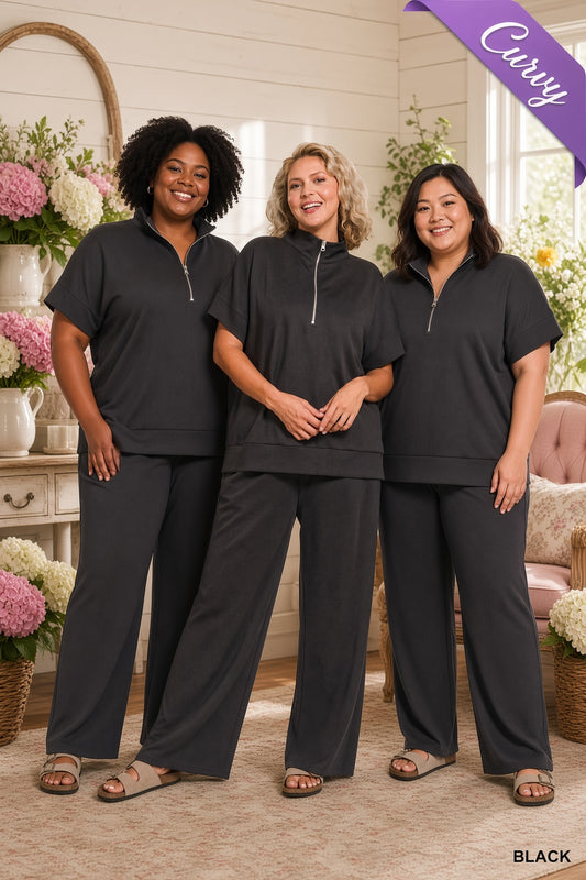 Zenana Plus Scuba High Neck Half Zip Top & Pants Set - Black