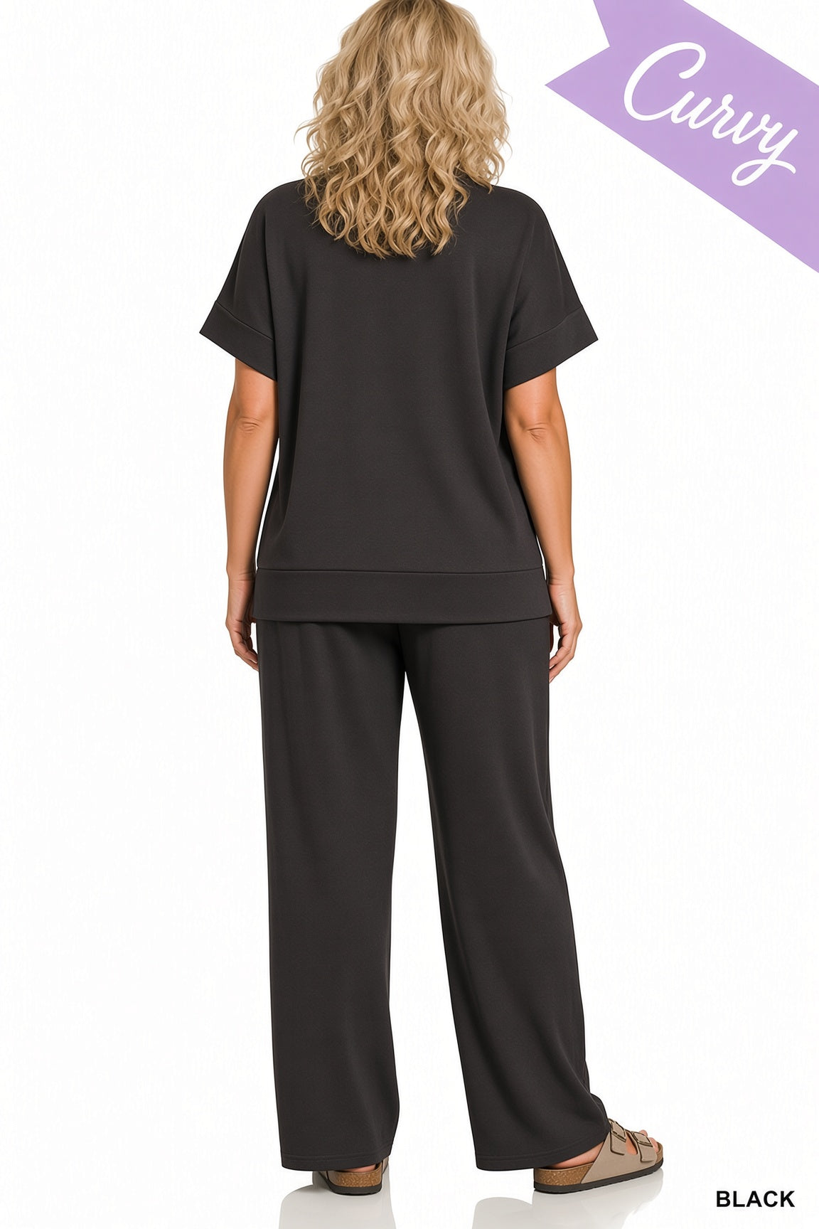 Zenana Plus Scuba High Neck Half Zip Top & Pants Set - Black