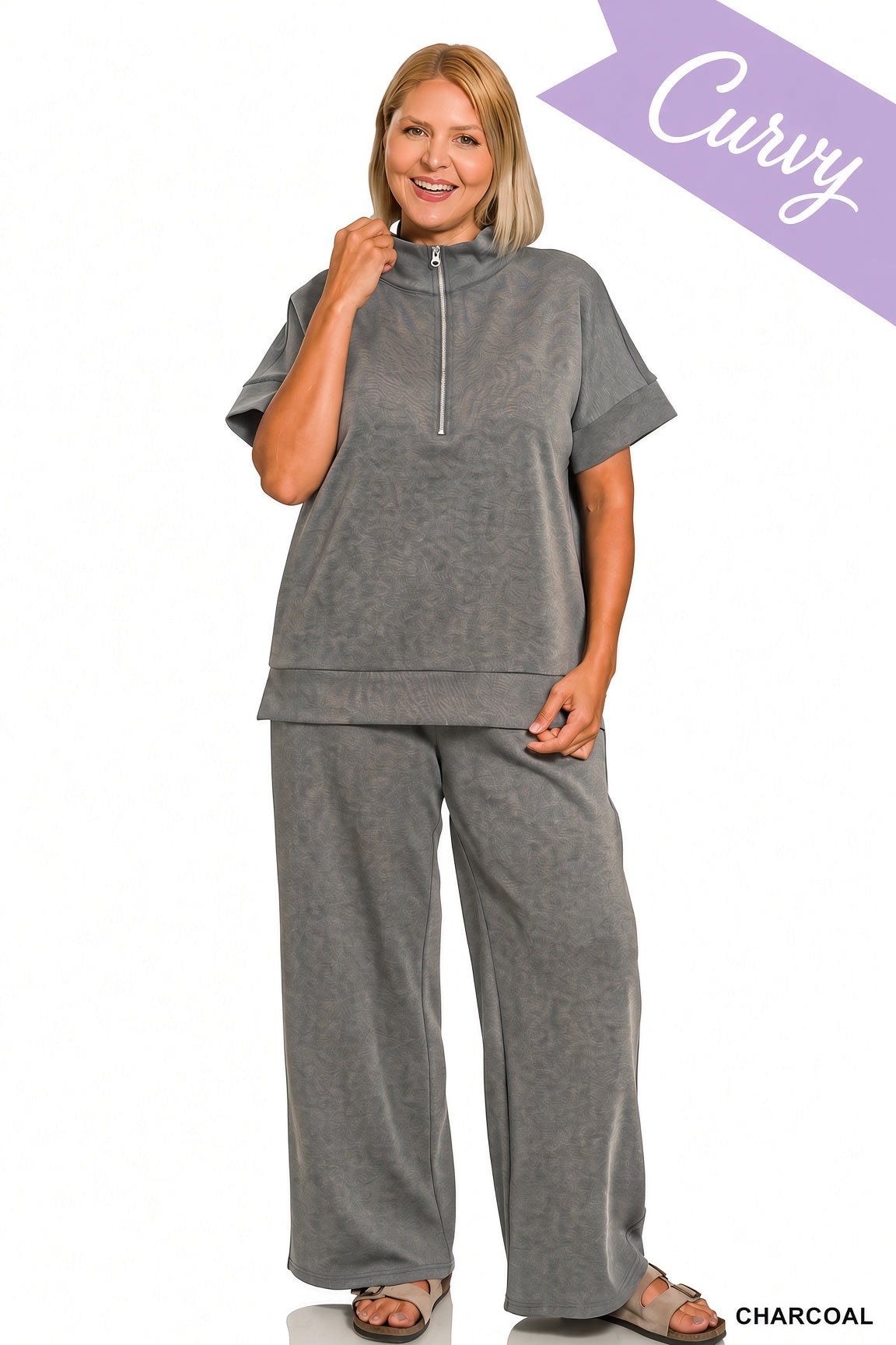 Zenana Plus Scuba High Neck Half Zip Top & Pants Set - Charcoal