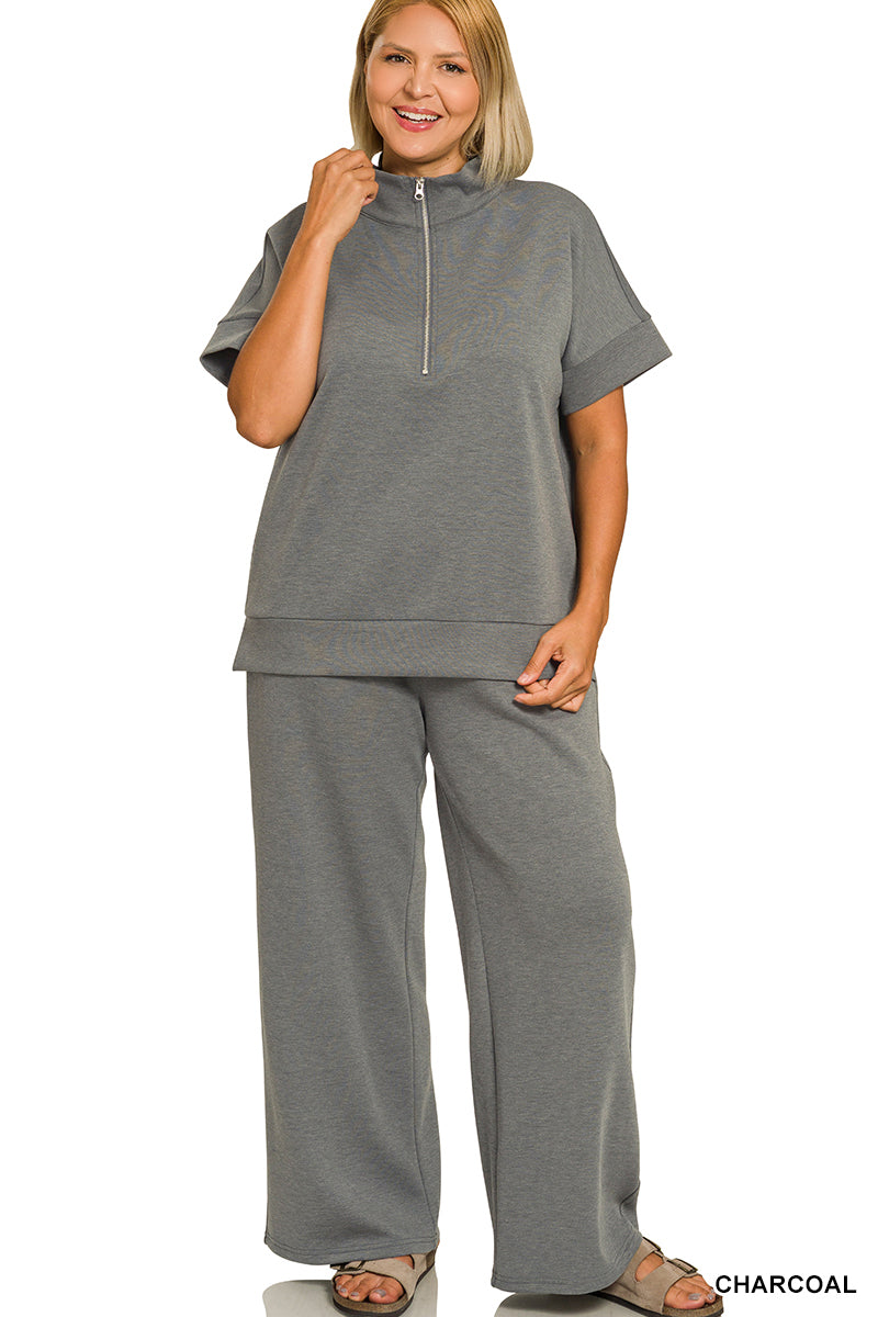 Zenana Plus Scuba High Neck Half Zip Top & Pants Set - Charcoal