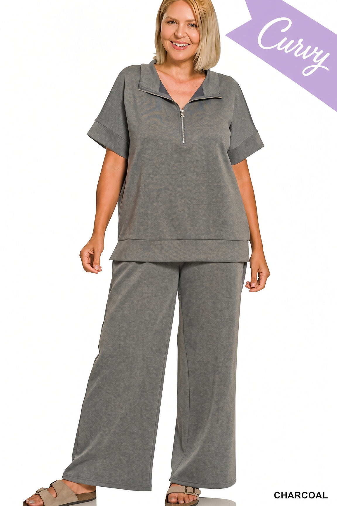 Zenana Plus Scuba High Neck Half Zip Top & Pants Set - Charcoal