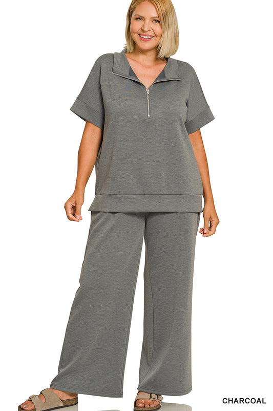 Zenana Plus Scuba High Neck Half Zip Top & Pants Set - Charcoal
