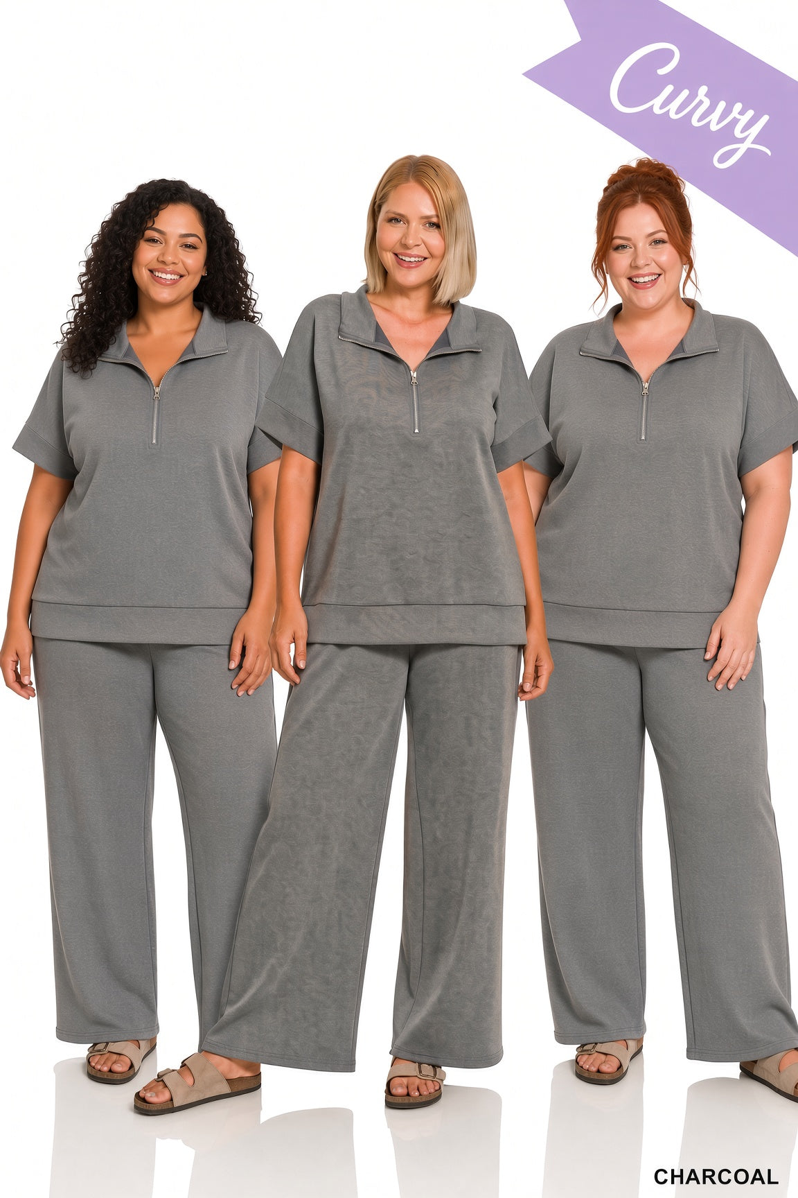 Zenana Plus Scuba High Neck Half Zip Top & Pants Set - Charcoal