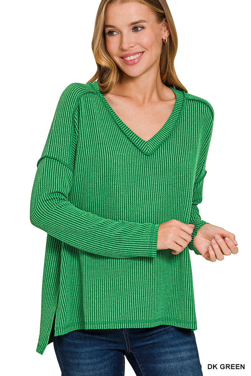 Zenana Raised Rib Long Sleeve Hi-low V Neck Top in Dark Green