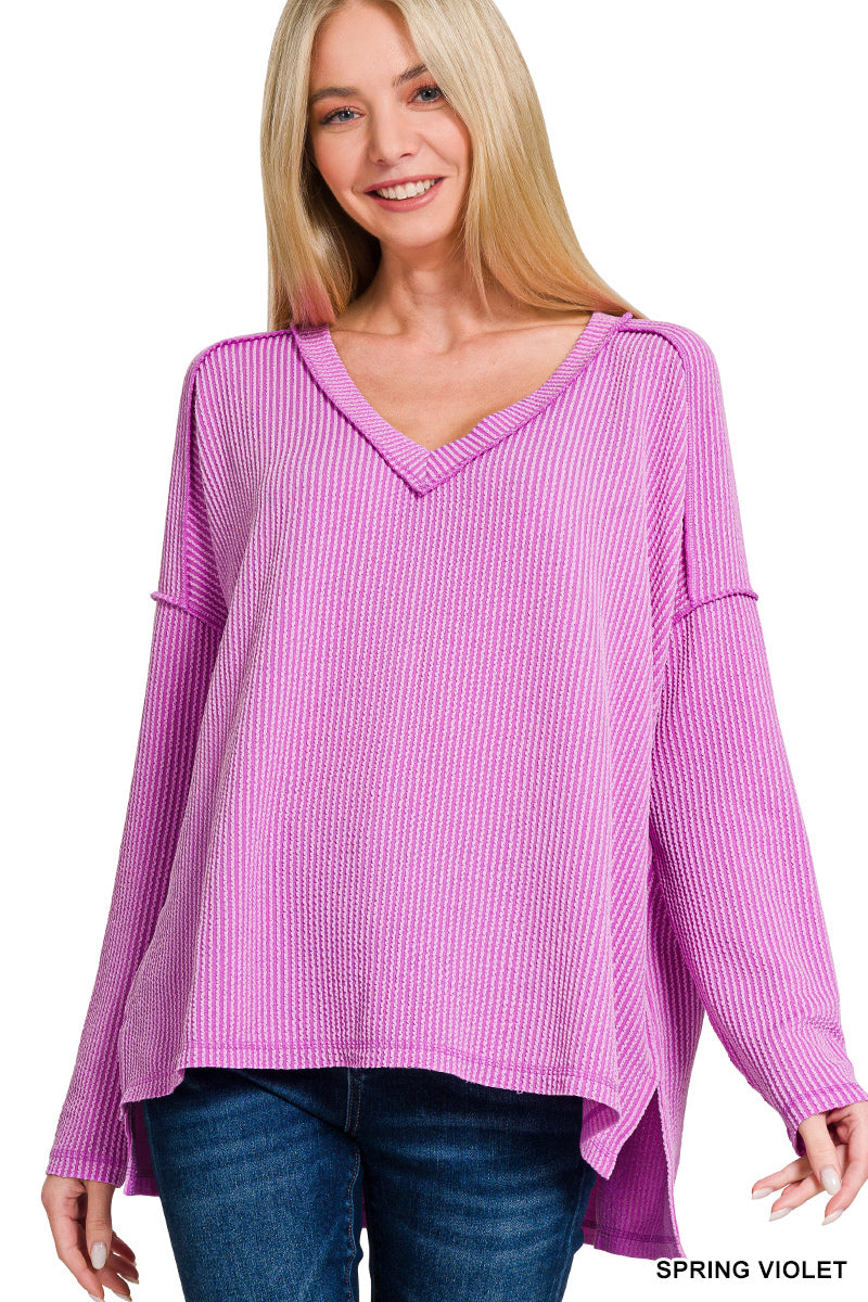 Zenana Raised Rib Long Sleeve Hi-low V Neck Top in Spring Violet