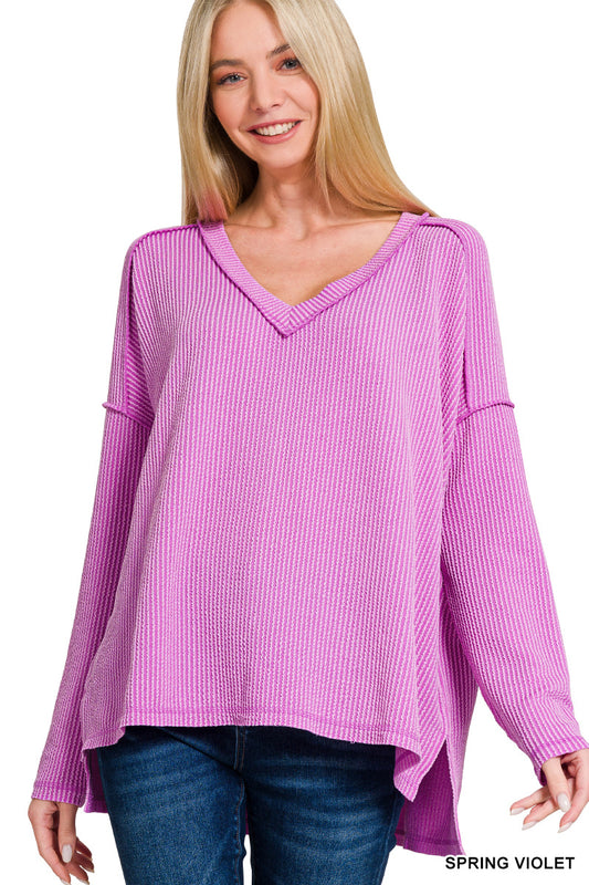 Zenana Raised Rib Long Sleeve Hi-low V Neck Top in Spring Violet