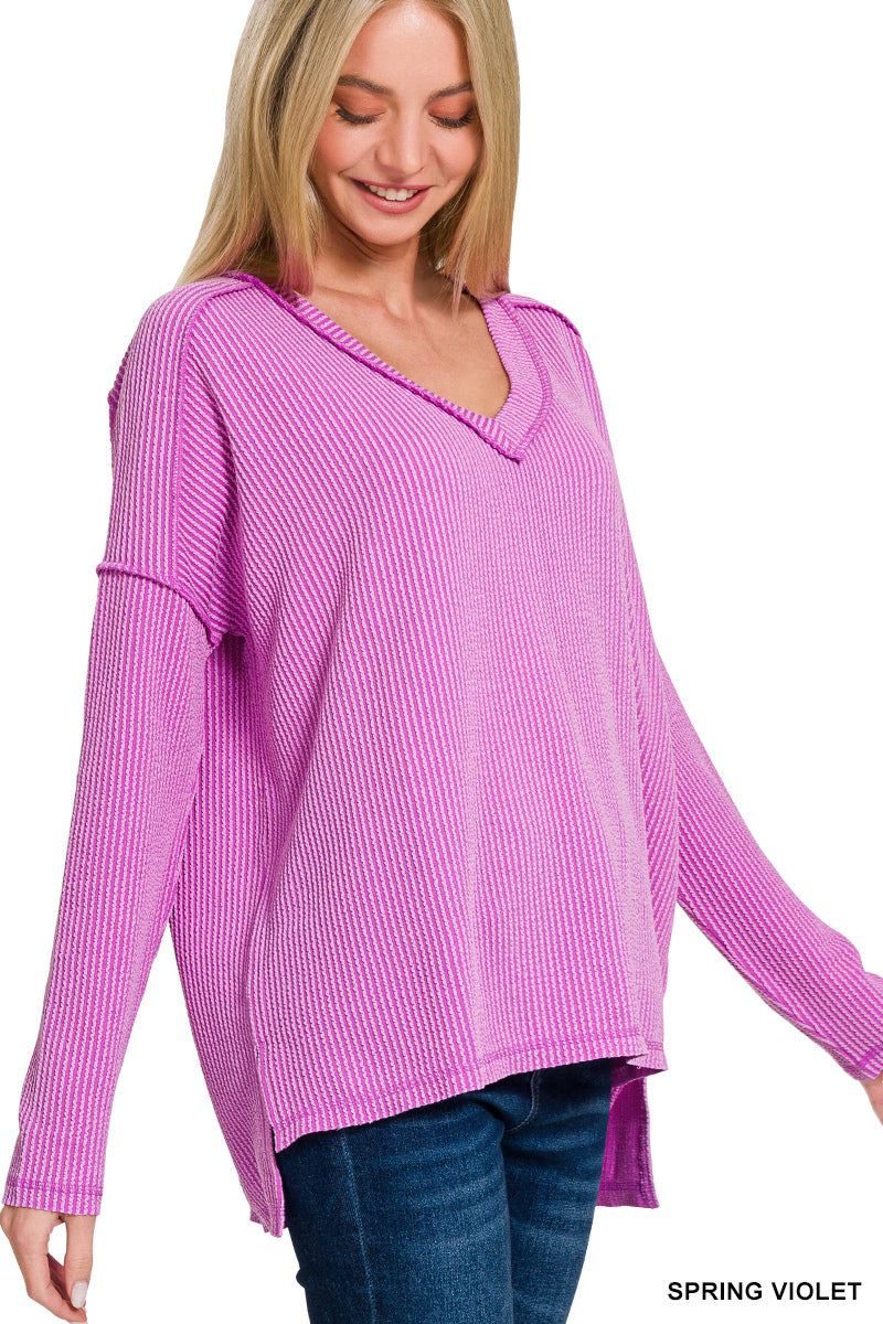 Zenana Raised Rib Long Sleeve Hi-low V Neck Top in Spring Violet
