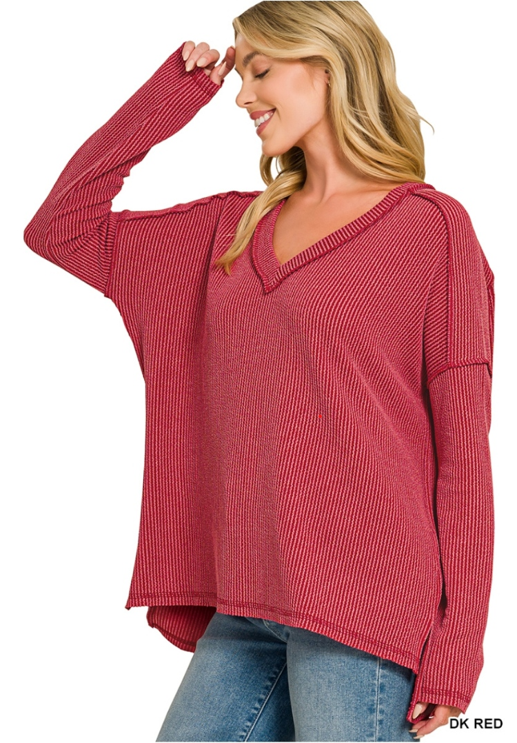 Zenana Raised Rib Long Sleeve Hi-low V Neck Top in Dark Red