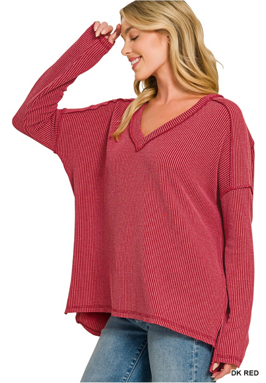 Zenana Raised Rib Long Sleeve Hi-low V Neck Top in Dark Red