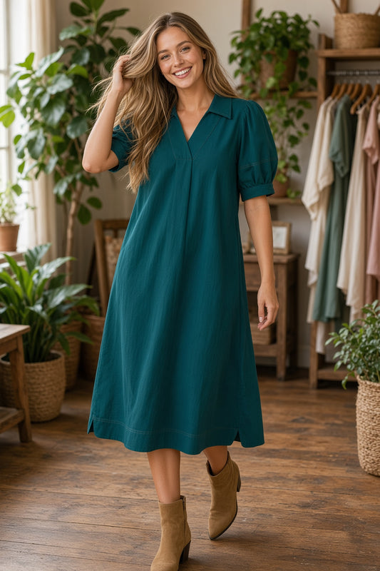 Umgee Teal Corduroy Midi Dress
