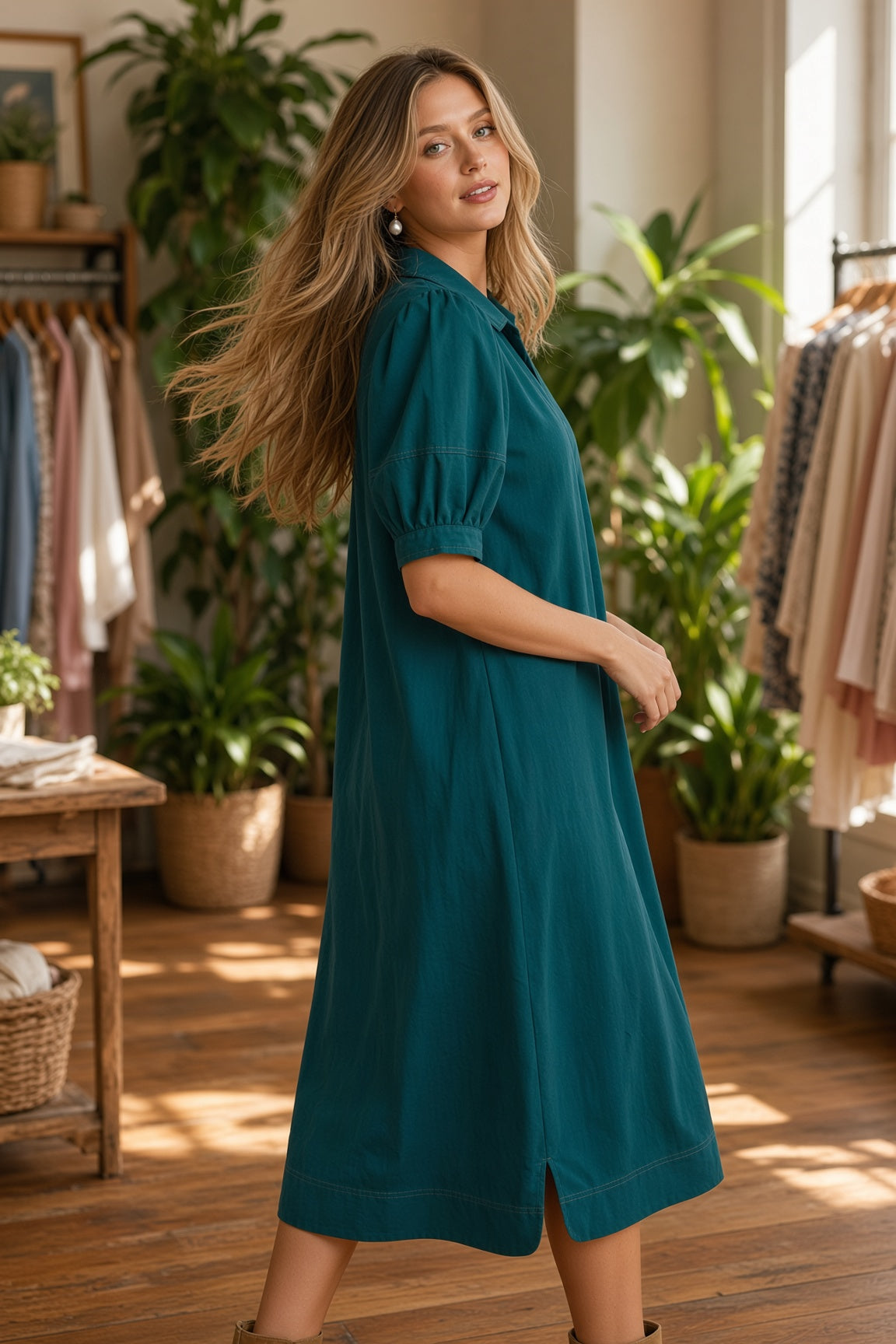 Umgee Teal Corduroy Midi Dress