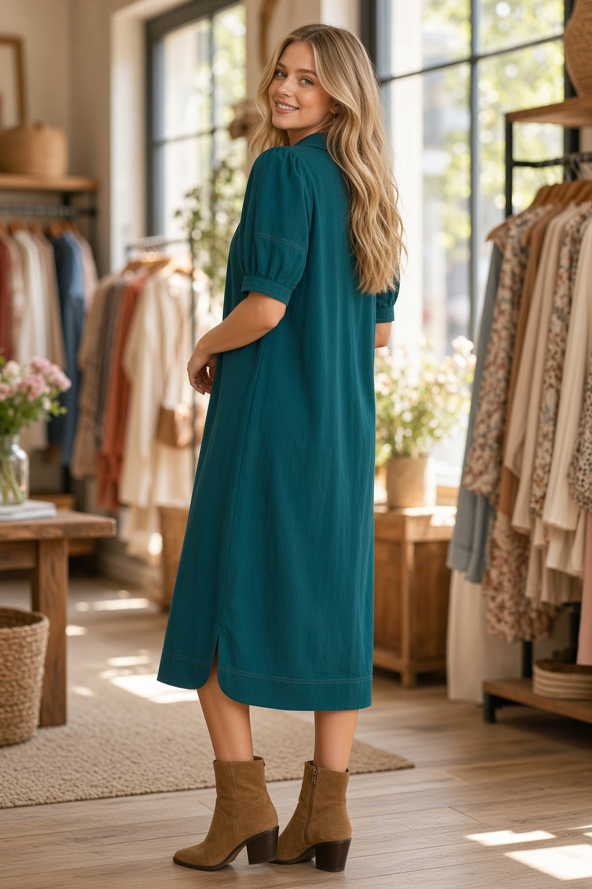 Umgee Teal Corduroy Midi Dress